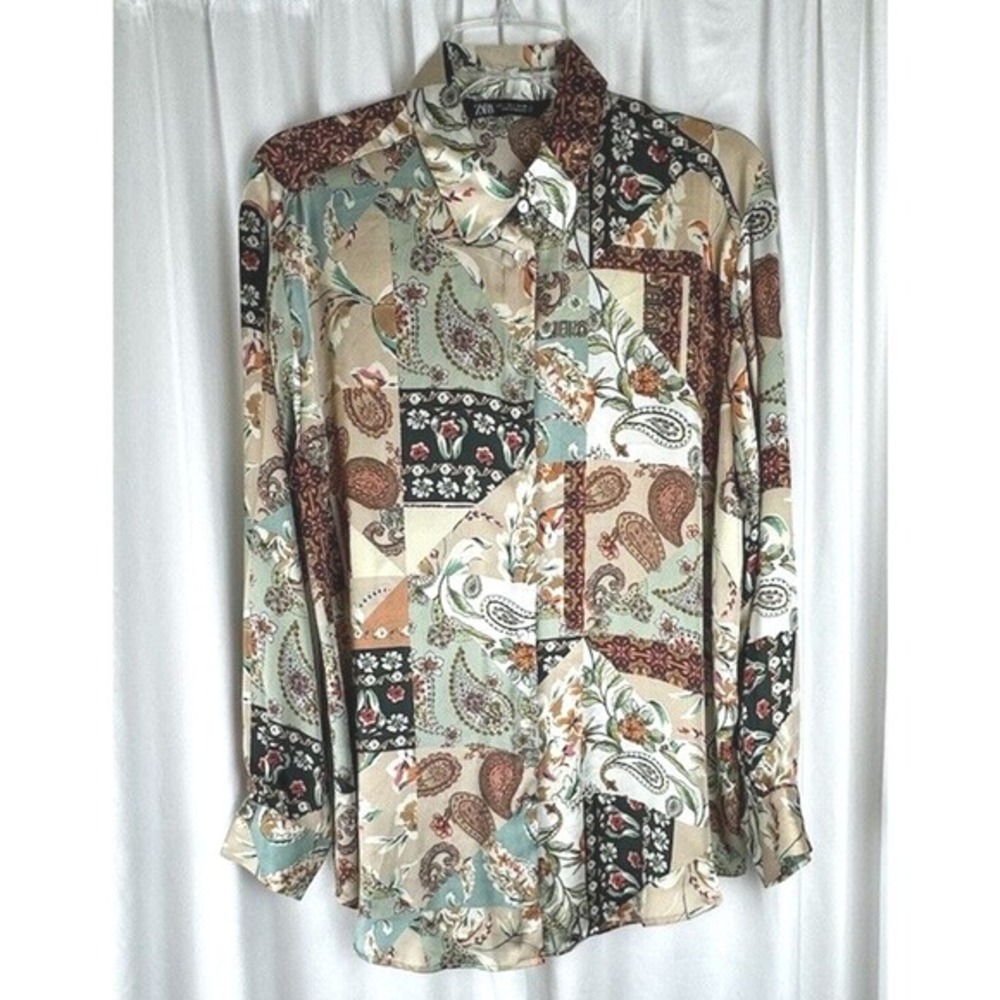 ZARA Patchwork Paisley Print Button Down Shirt Long Sleeve L Fairycore 54-10 - Picture 11 of 12